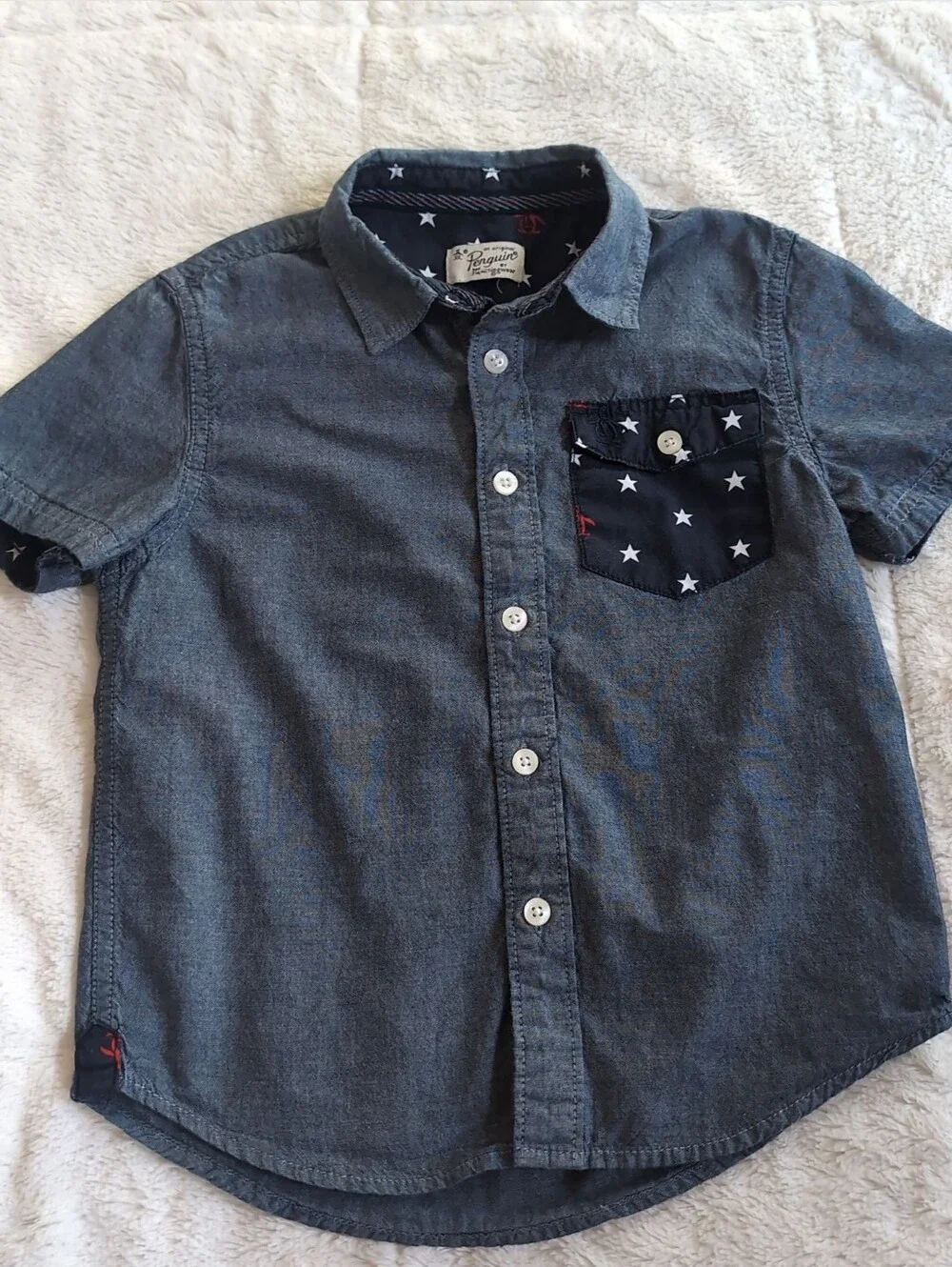 Original Penguin Boys Chambray Button-Down Shirt with Star Pocket - Blue